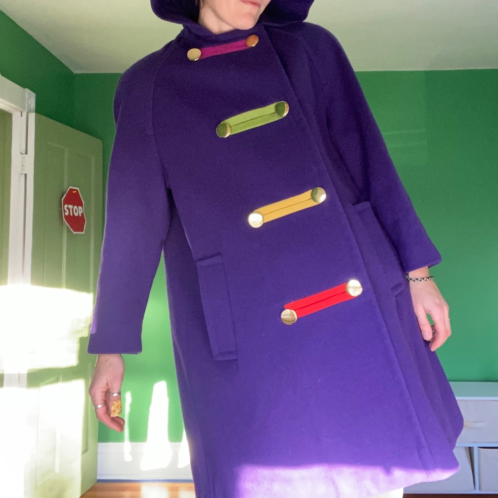 Vintage 80s Bill Blass Signature Purple swing Coat hood colorblock iconic